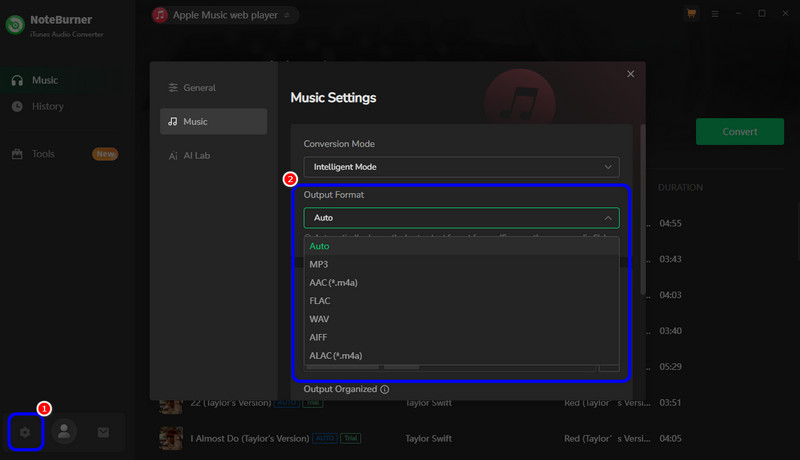 Settings Output Format Noteburner