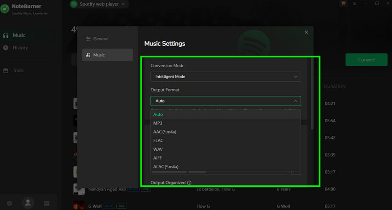 Tap Settings Option Noteburner